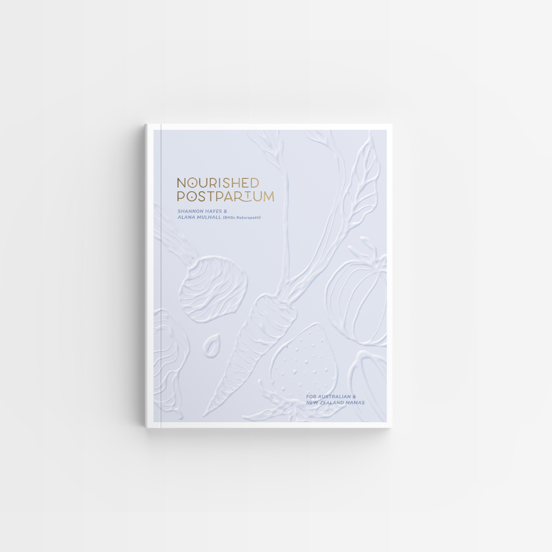 The cover of the Mothers Mylk Nourished Postpartum cookbook with a white background.