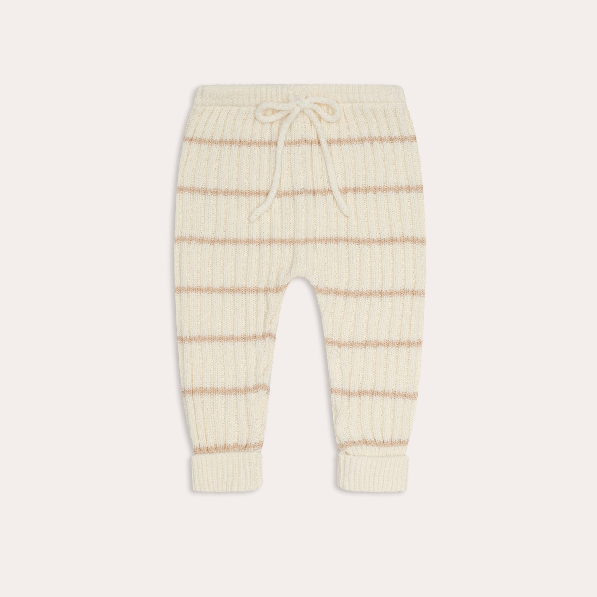 Illoura the Label illoura knit joey pants | sand stripe, featuring an elasticated waistband with a drawstring and rolled-up cuffs, made from soft organic cotton.