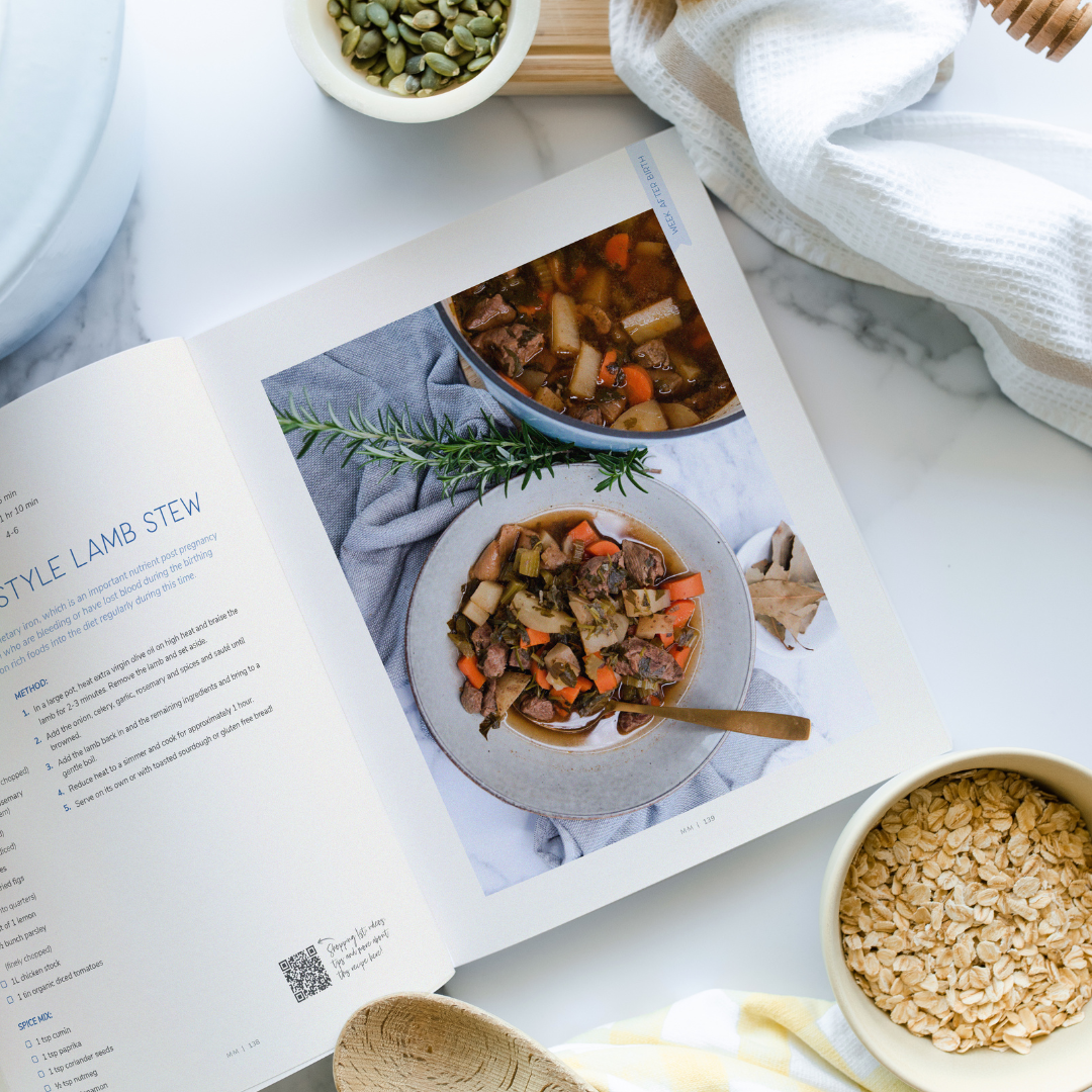 A Nourished Postpartum cookbook with a bowl of stew and a bowl of oats from Mothers Mylk.