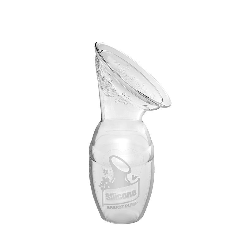 A Haakaa Silicone Breast Pump 100ml Gen 1 clear glass bottle with the Haakaa logo on it.