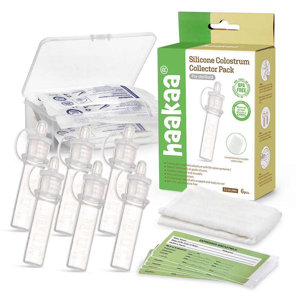 A pack of Haakaa Pre-sterilised Silicone Colostrum Collector | 6pk and a box of Haakaa Pre-sterilised Silicone Colostrum Collector | 6pk.