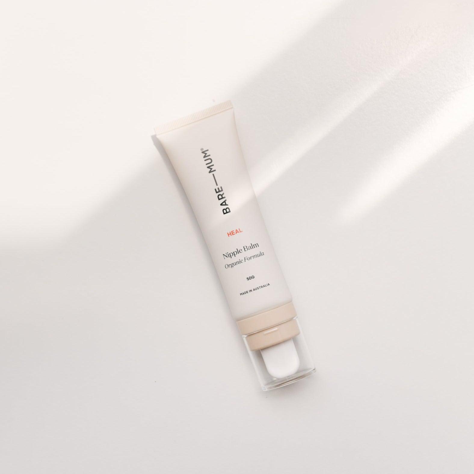 A tube of Bare Mum Nipple Balm, recommended for postpartum recovery and breastfeeding, displayed on a white surface.