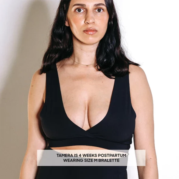 Image of a postpartum mother wearing a Bare Mum Bralette.