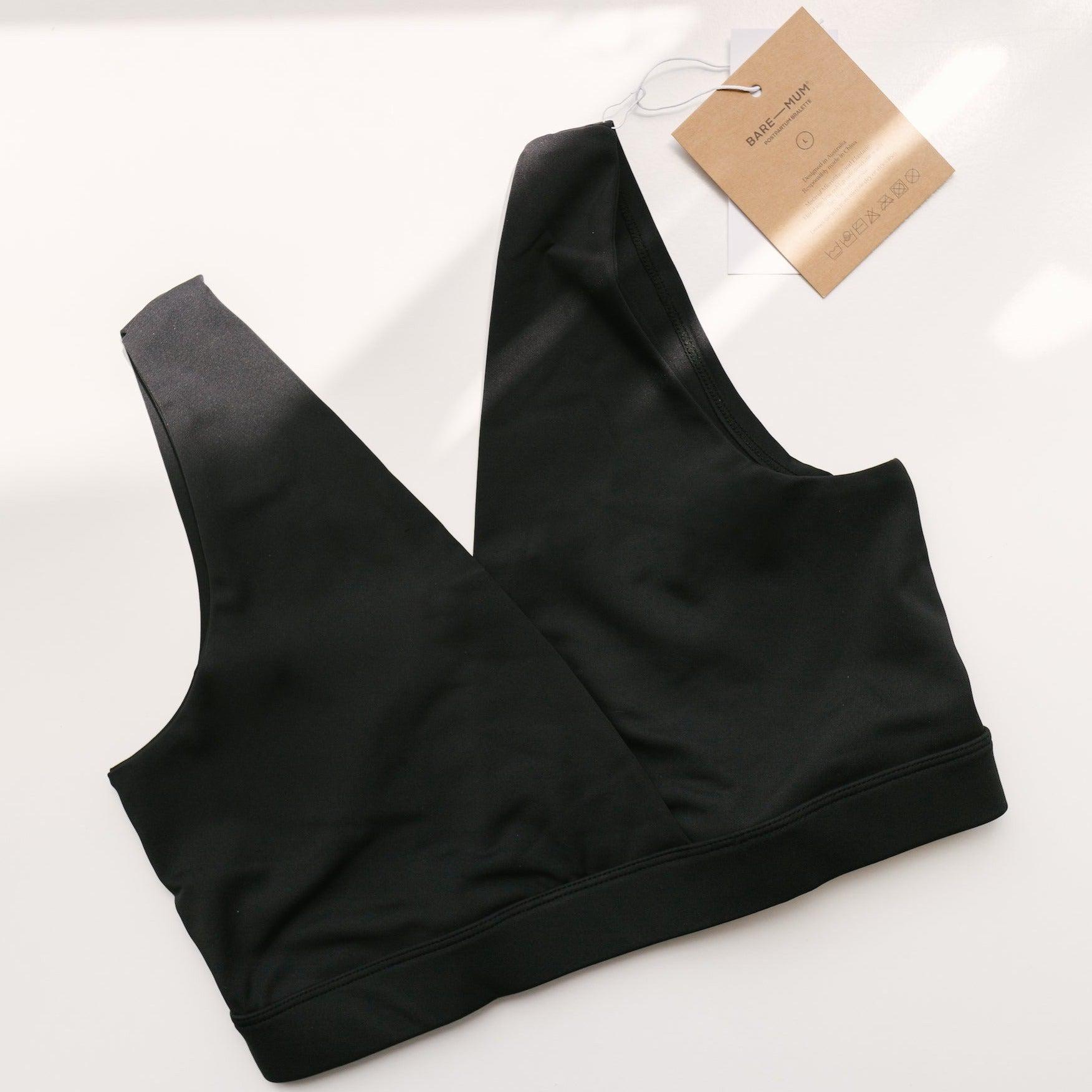 A black Postpartum bra from Bare Mum, perfect for breastfeeding mothers in need of recovery support.