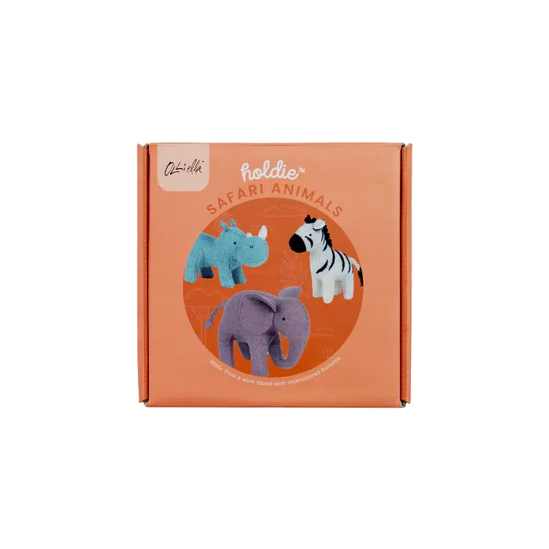A Holdie Folk - Safari Animals box featuring handmade wool blend zebra, elephant, and giraffe toys by Olli Ella.
