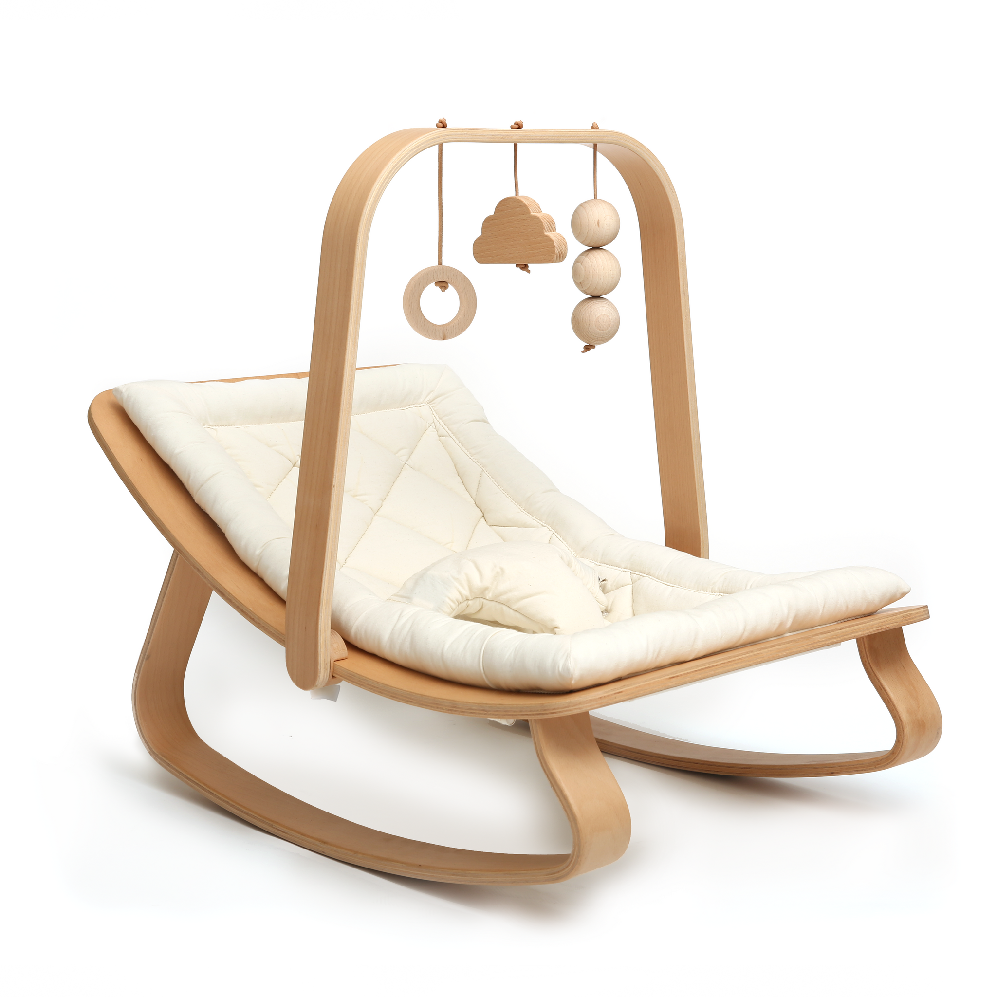 Designed especially to attach to the Charlie Crane Levo Rocker the wooden Activity Arch is ideal to stimulate babies from birth. The natural wooden toys; cloud, ring and beads will entertain your child in their Levo Rocker.