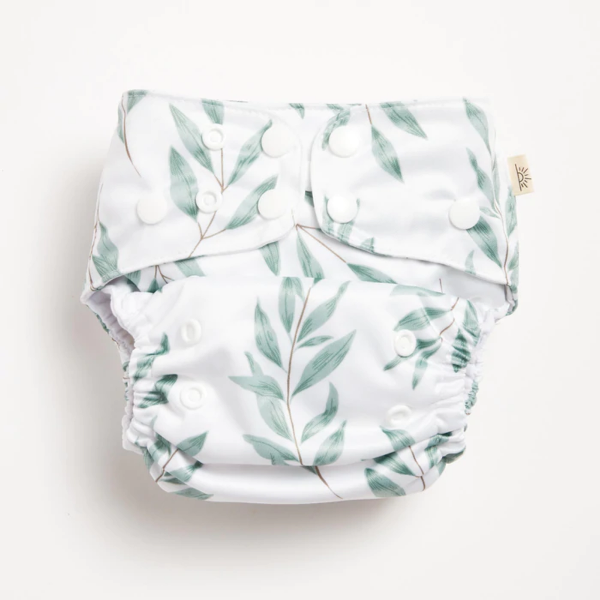 An Olive Leaf 2.0 Modern Cloth Nappy with green olive leaves on it by EcoNaps on a white surface.