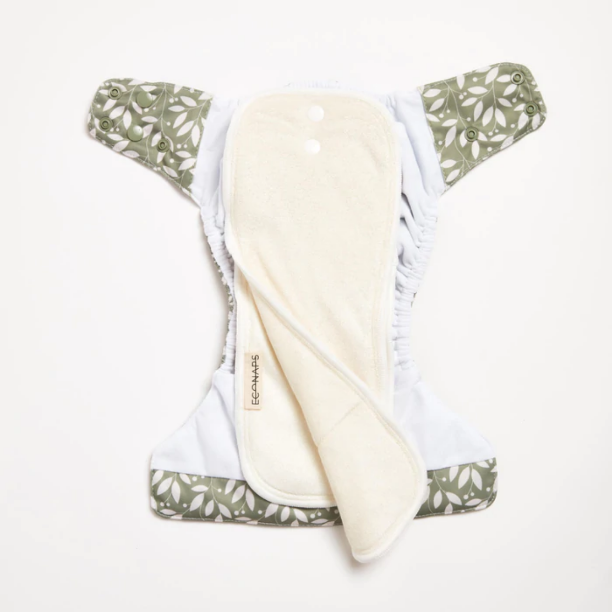 An open Sage 2.0 Modern Cloth Nappy by EcoNaps on a white surface.