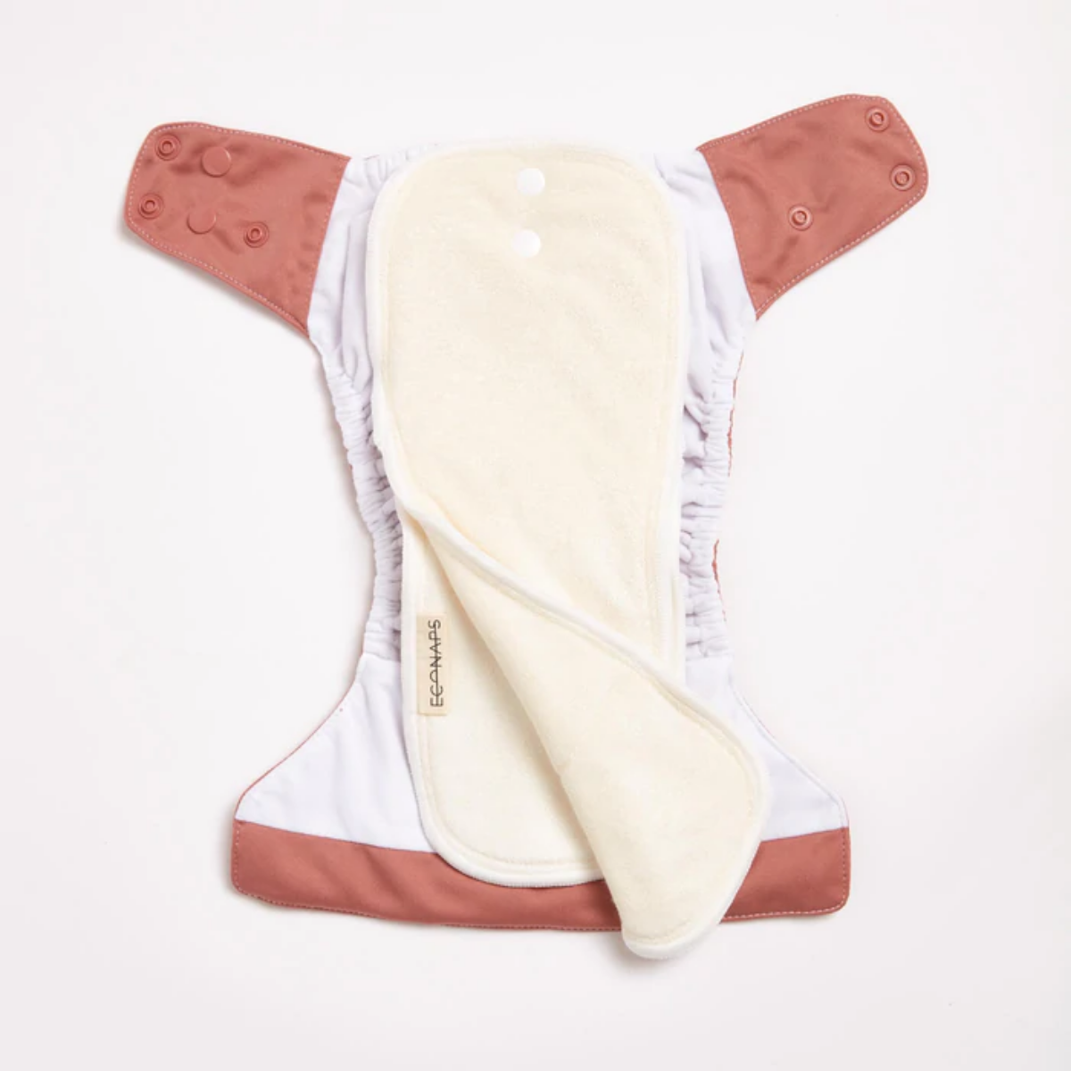An open Terracotta 2.0 Modern Cloth Nappy by EcoNaps on a white surface.