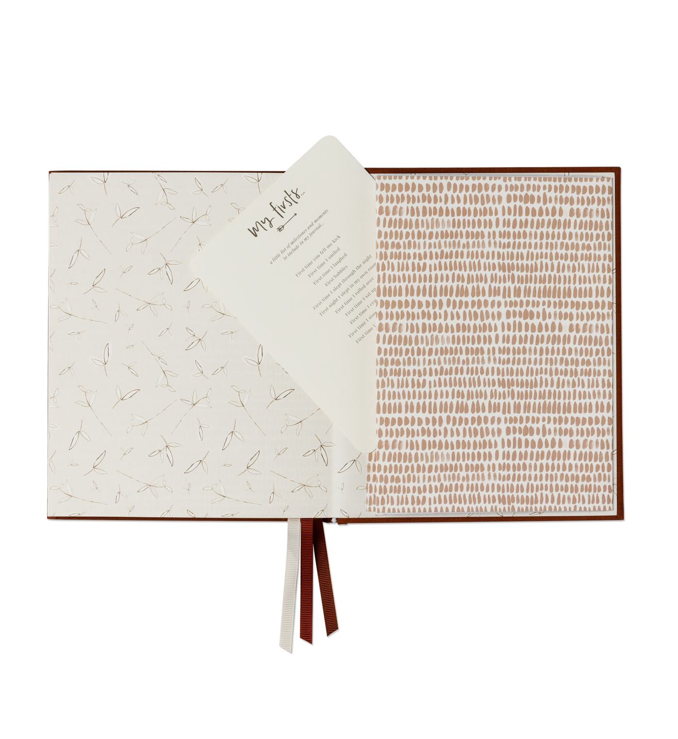 An Emma Kate Co. little dreamer baby journal in pecan with pages open to showcase the journal.