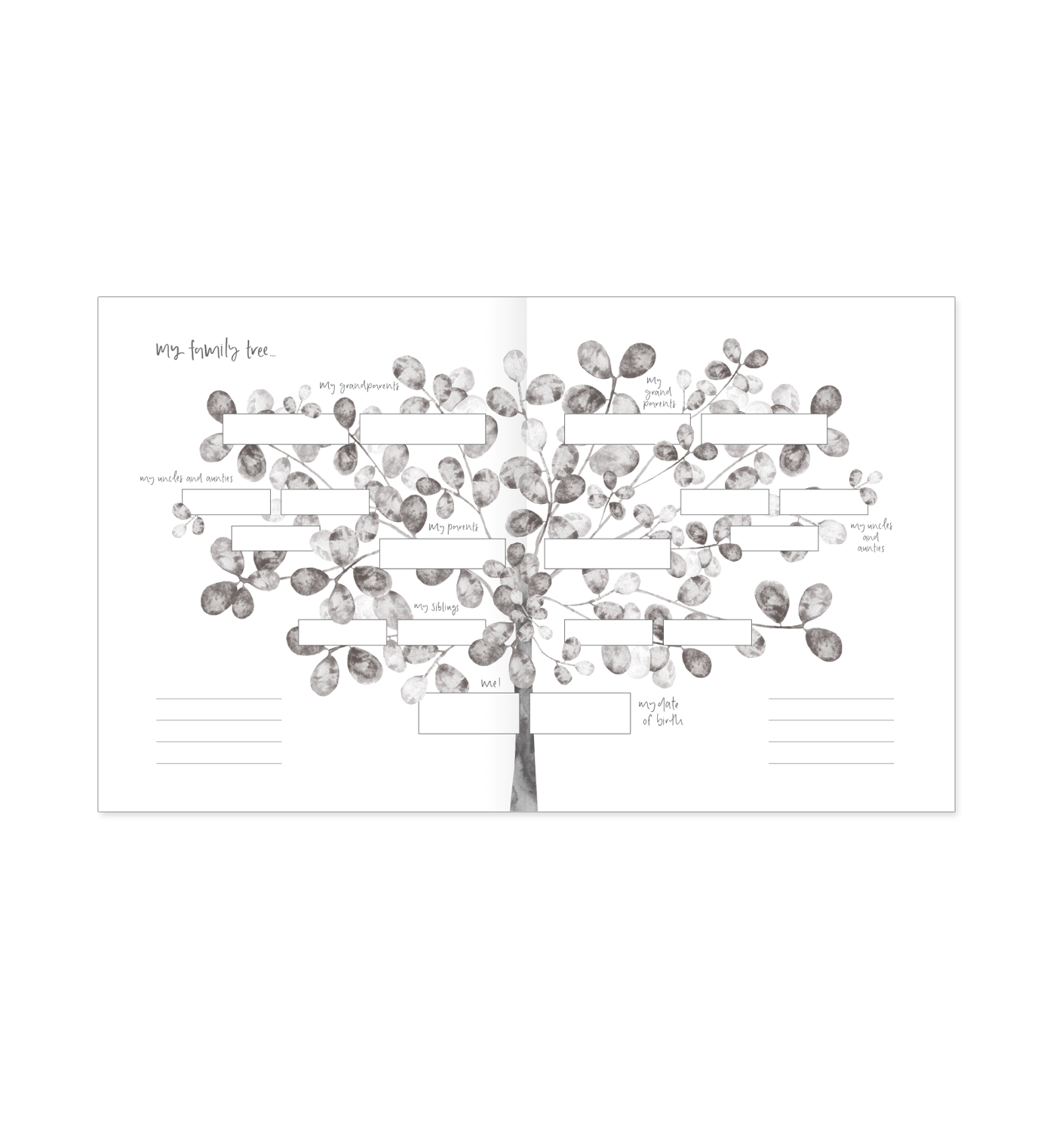 Open pages of the Emma Kate Co. little dreamer baby journal, showcasing 'My Family Tree' on a transparent surface.