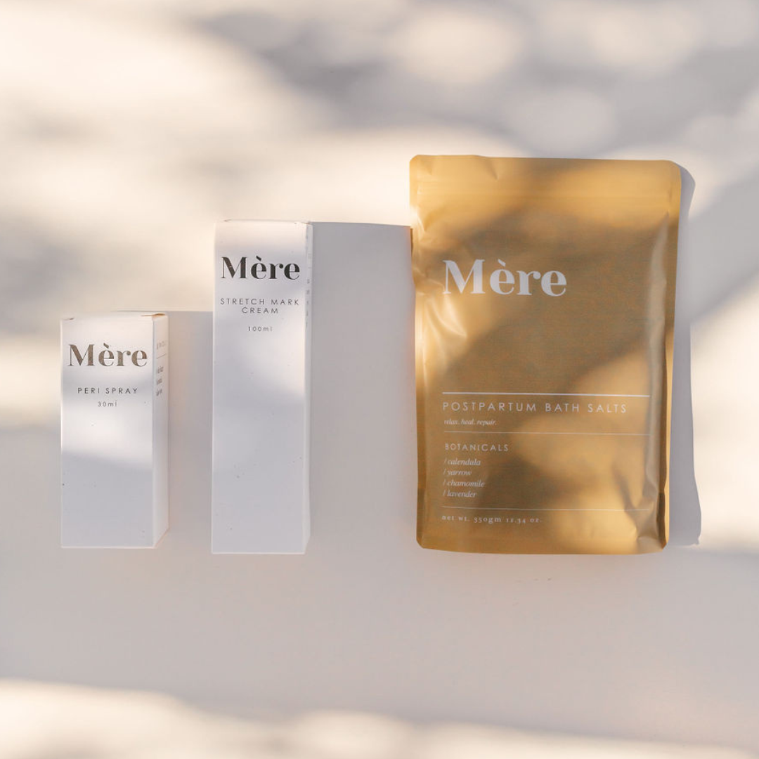 Mère Cesarean Kit featuring Peri Spray, Stretch Mark cream and Postpartum bath salts.