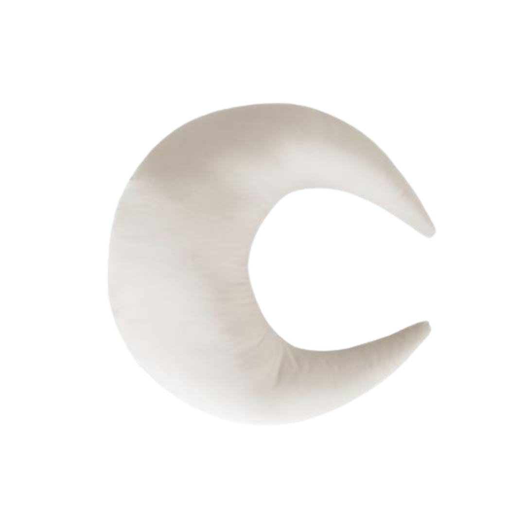 A white PREORDER Feeding & Support Pillow by Snuggle Me, crescent shaped on a black background, perfect for snuggling or feeding.