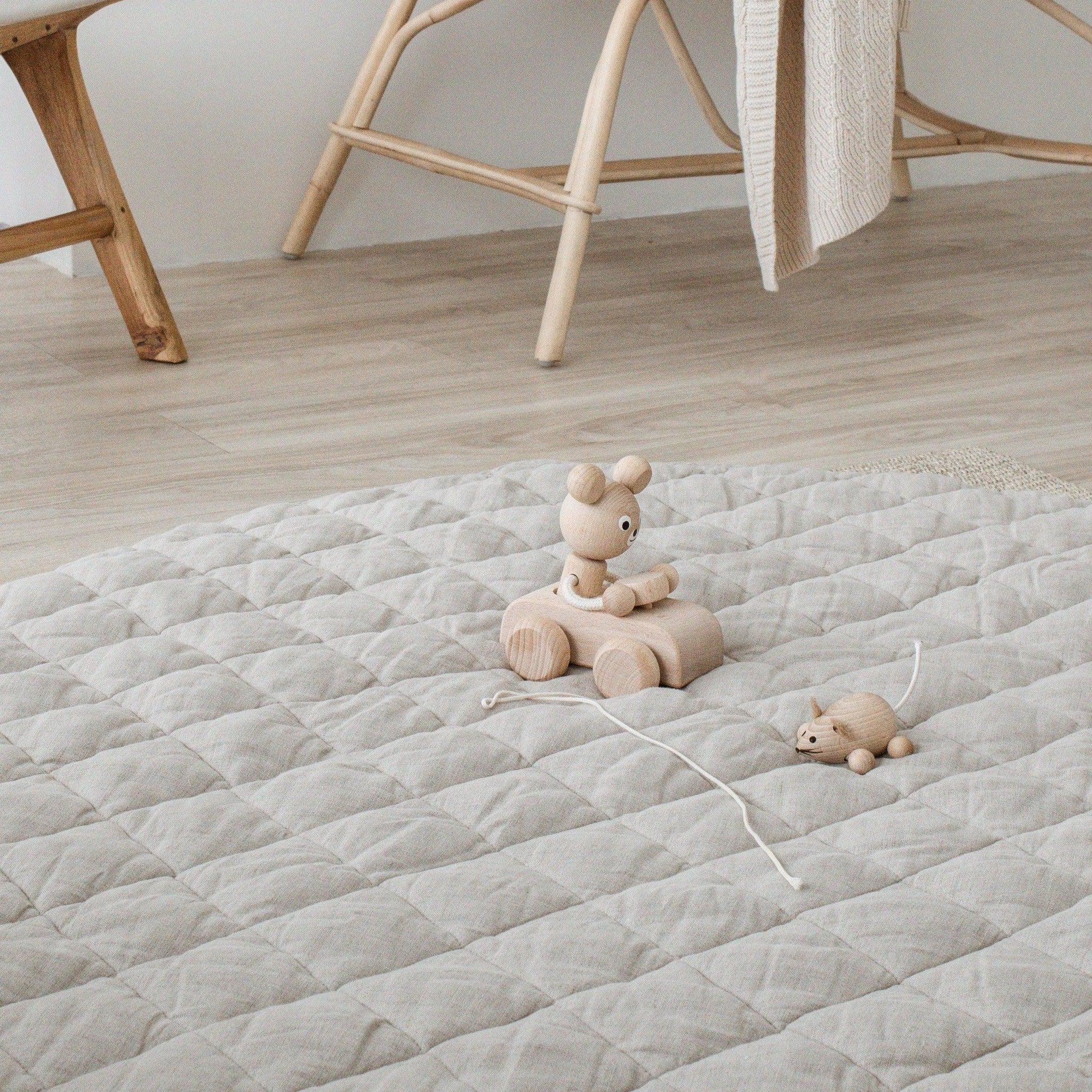Our Warren Hill baby play mat is made from 100% Pure French Flax Linen with a soft, polyester filling that provides cushion and support for your child's delicate skin. Our linen is stonewashed giving it that beautiful soft, worn-in feel from the first time your child plays on it. Linen is naturally hypoallergenic, extremely durable, and one of the most sustainable materials to harvest and produce in the textile industry.